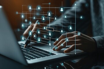 Digital business workflow management with hierarchical data diagram and virtual human icons