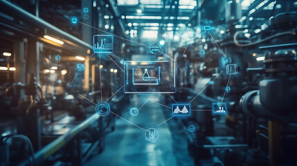 Fototapeta premium Energy-saving concepts and Industry 4,0, The energy icon and network are double exposed with the background of an oil refinery industry plant, industrial instruments in the factory