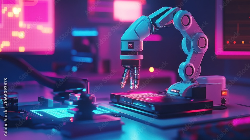 Poster robotic arm assembling circuitry under neon lights