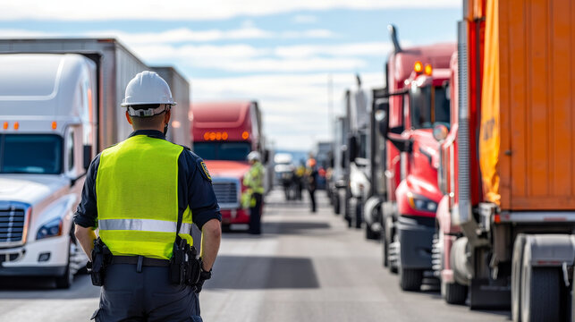 customs officer in reflective vest monitors trucks at border checkpoint, ensuring safety and compliance. scene captures busy atmosphere of border control
