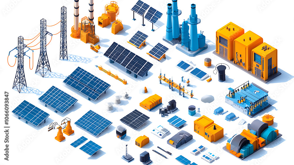 Poster electricity isometric icons set with solar panels power stations high voltage wires isolated on whit