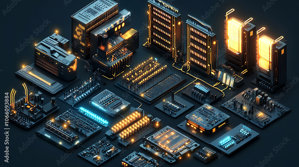 Aufkleber Electrical panels have an isometric shape, Computer power diodes, semiconductors, and tiny chip vector equipment sets are examples of hardware