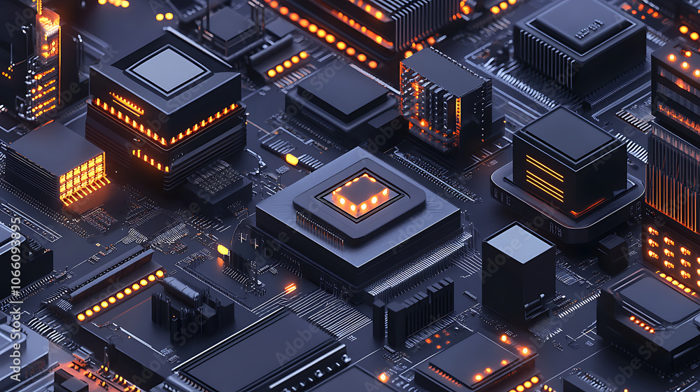Poster electrical panels have an isometric shape, computer power diodes, semiconductors, and tiny chip vect