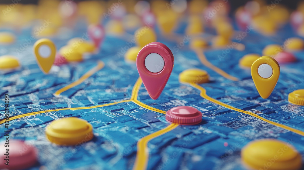Poster 3d map interface with location markers for navigation and mapping