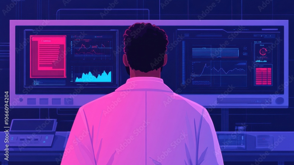 Poster scientist analyzing holographic data in laboratory setting