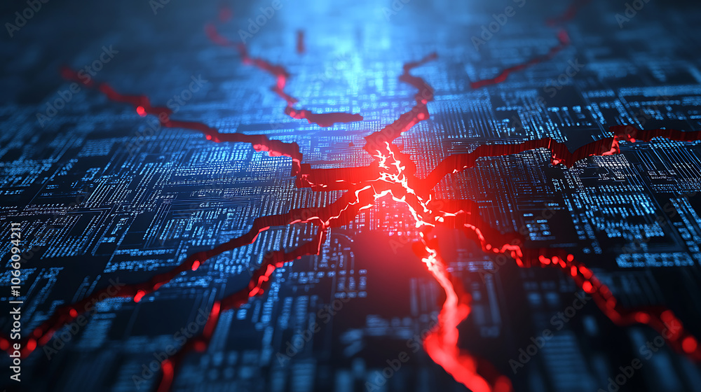 Poster digital screen with a red glowing crack, representing cybersecurity breach or data leak risk in mode
