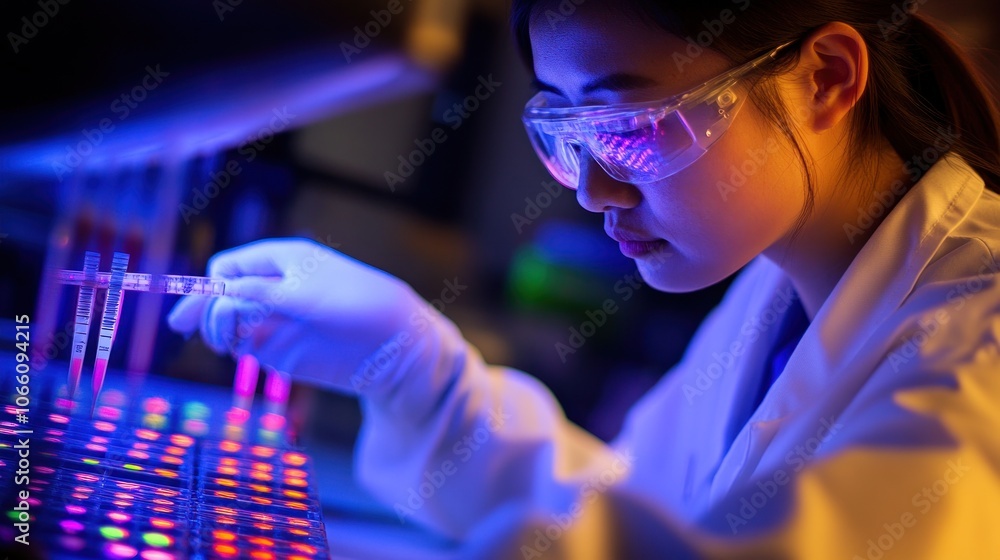 Poster A female scientist in a lab coat uses a pipette to test samples in a laboratory.