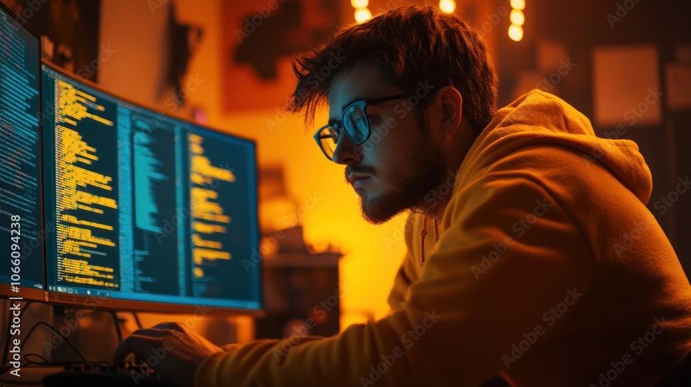 Poster young man in yellow hoodie coding on computer in dimly lit room
