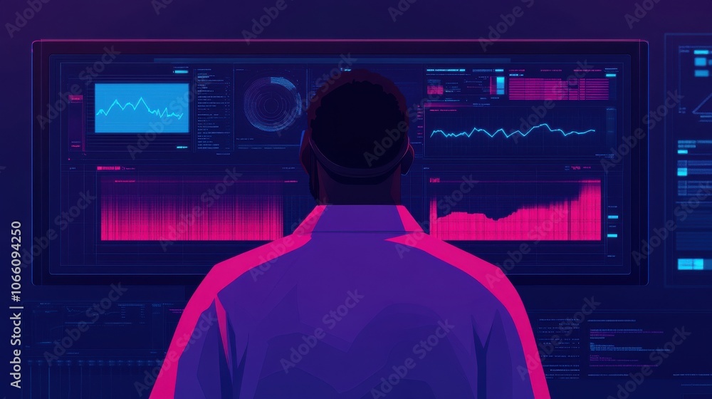 Poster scientist analyzing holographic data in a lab environment