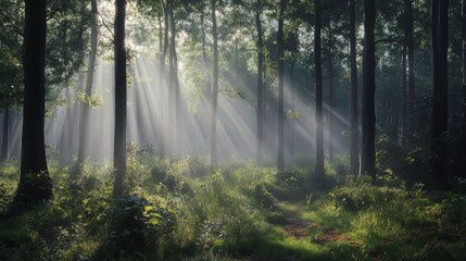 Obraz premium A forest with rays of sunlight, hypermaximalist, advertising photography, hyper realistic, fine detail,