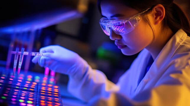A female scientist in a lab coat uses a pipette to test samples in a laboratory.