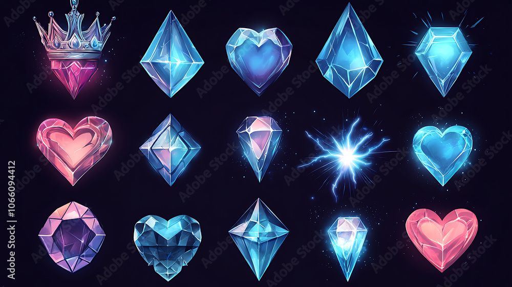Poster crystal game vector icon set with a crown, heart, and star, magic gem ui cartoon asset design that i