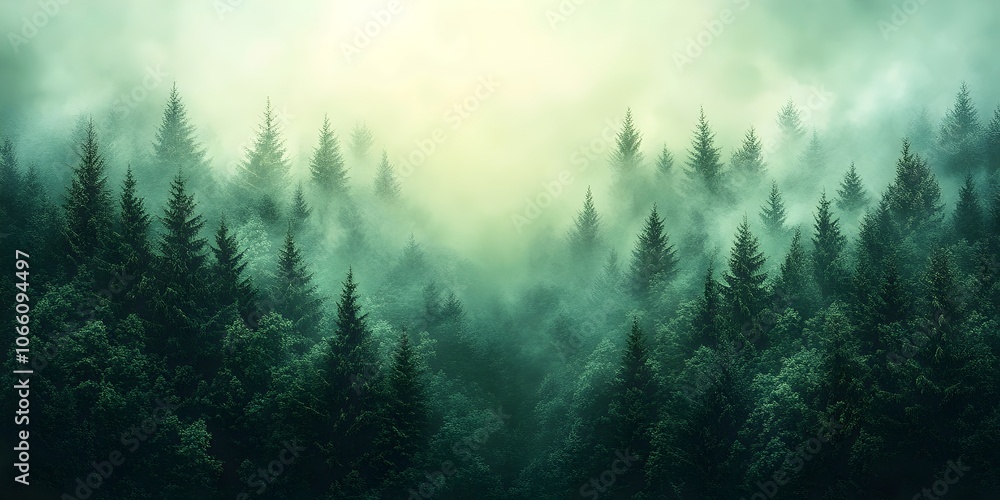Poster a serene forest landscape enveloped in mist, showcasing lush evergreen trees bathed in soft, diffuse