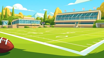 Obraz premium Cartoon American Football Field with Ball and Stadium Building.