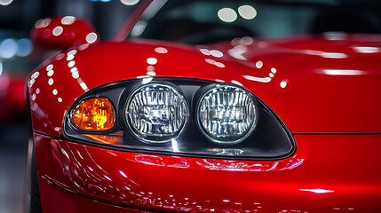 Closeup on headlights of a generic red sport car