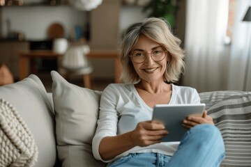 Happy middle-aged woman using tablet at home, smiling and enjoying online activities