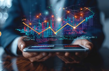 Businessman Analyzing Financial Data on Tablet with Growth Graph and Upward Arrow, Stock Market Background, Mobile Phone Table Display, Business Trends and Sales Data Visualization