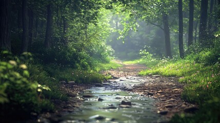 Fototapeta premium A Stream Flowing Through a Lush Green Forest with Sun Rays Shining Through the Trees