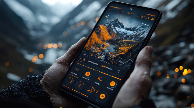 person holding tablet displaying route planner with GPS data and mountain scenery - Powered by Adobe