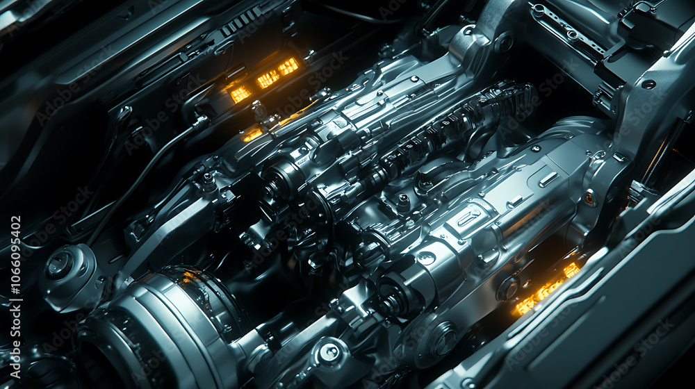 Aufkleber Close-up of a sleek, modern automatic transmission with a complex array of gears, wires and hydraulic lines, illuminated by soft lighting