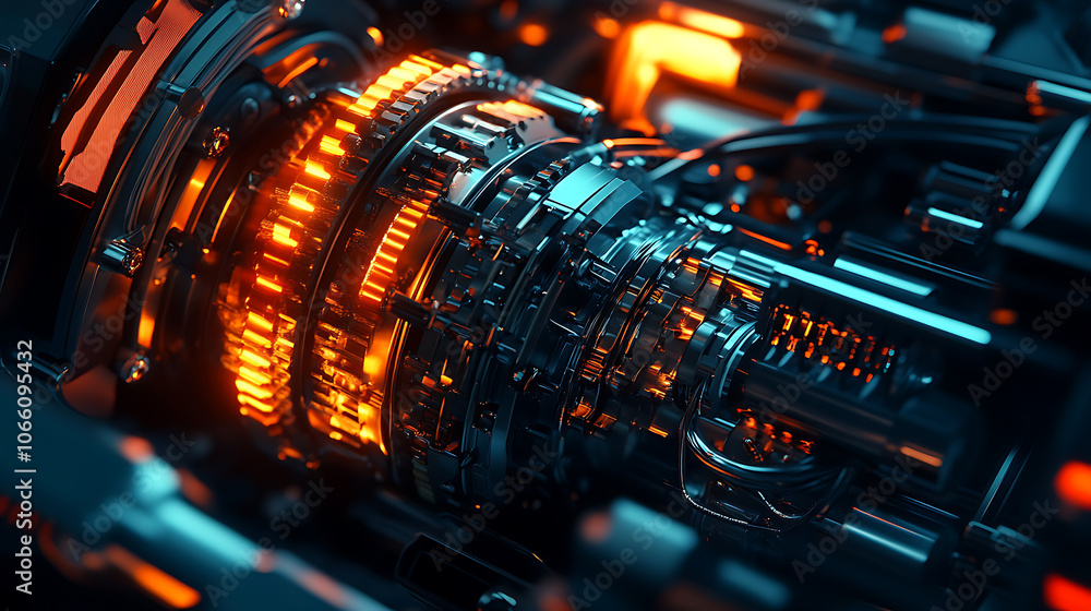 Leinwandbilder Close-up of a sleek, modern automatic transmission with a complex array of gears, wires and hydraulic lines, illuminated by soft lighting