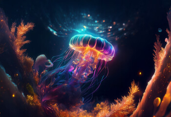 Naklejka premium A glowing jellyfish, with iridescent colors, is surrounded by bioluminescent flora.