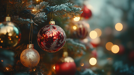 Realistic Christmas Baubles on Decorated Tree
