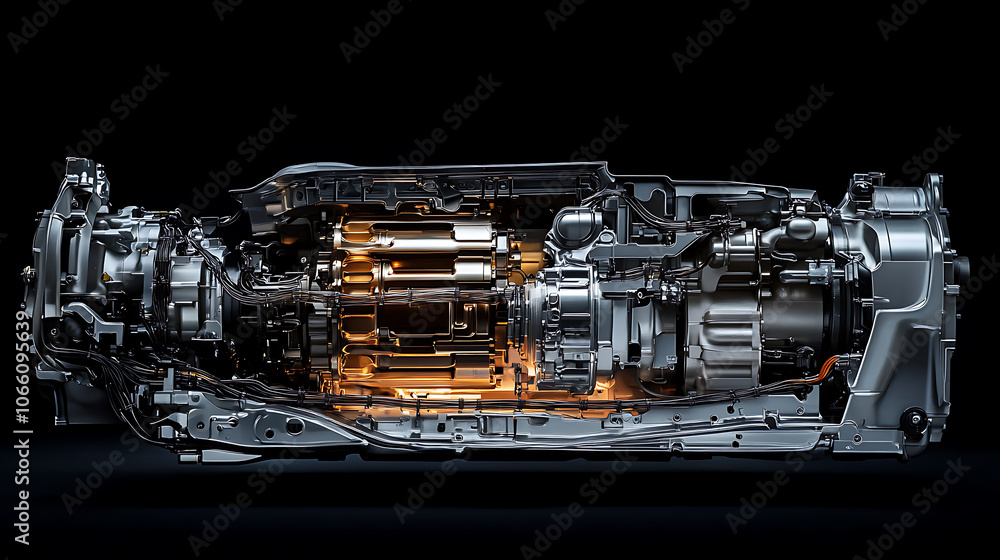 Poster Close-up of a sleek, modern automatic transmission with a complex array of gears, wires and hydraulic lines, illuminated by soft lighting