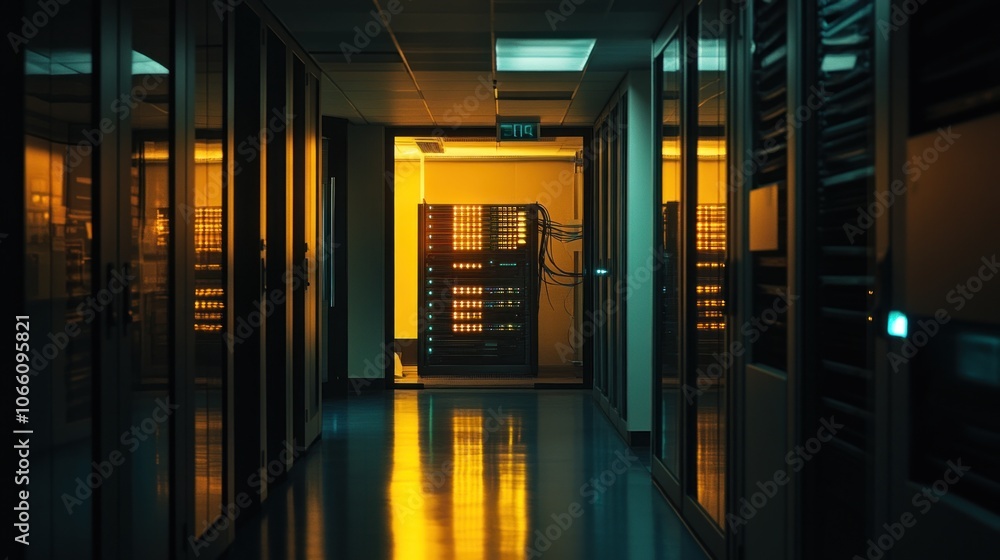 Poster server room corridor with glowing racks and reflections