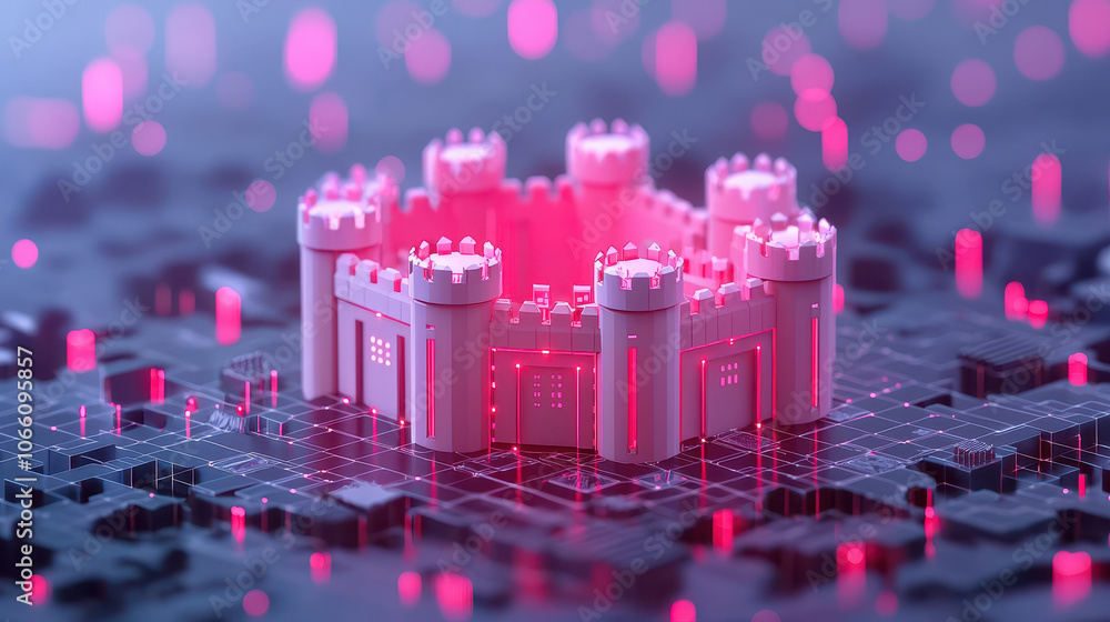 Poster digital fortress representing layers of privacy and security in tech environment, with glowing eleme