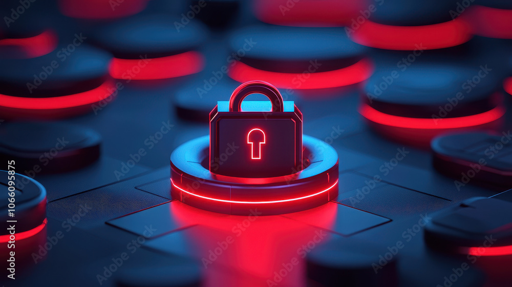 Poster digital lock symbolizing data security and privacy, surrounded by glowing elements, represents conce