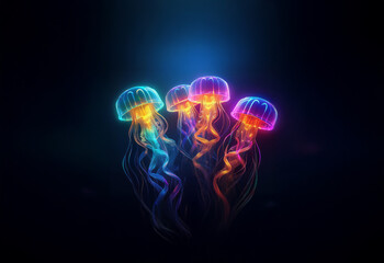 Five glowing jellyfish of different colors float in a dark background.