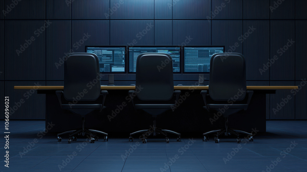 Poster modern corporate boardroom with three black chairs facing multiple screens, creating professional an