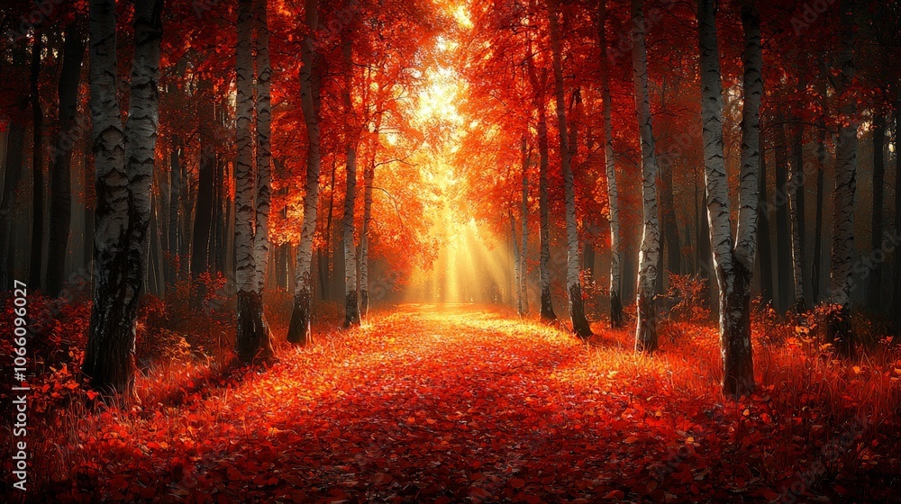 Poster sunbeams through autumn forest path golden light red leaves birch trees