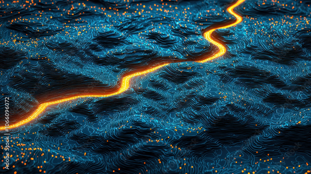 Poster digital landscape with glowing river and contour lines for navigation