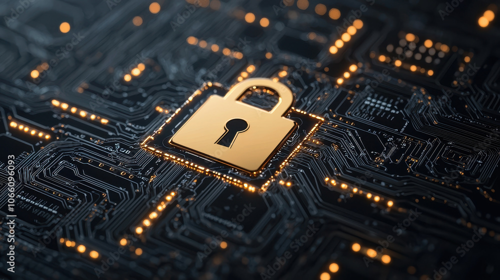Poster secure digital lock on circuit board, symbolizing cybersecurity and data protection. this represents