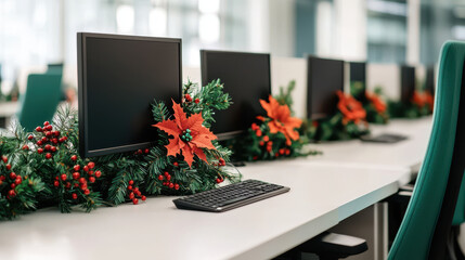 Fototapeta premium festive corporate workspace decorated with colorful holiday decor, featuring monitors adorned with greenery and red flowers, creating cheerful atmosphere