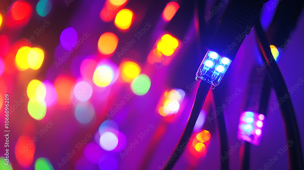 Poster close-up of rj45 ethernet cables with vibrant led lights