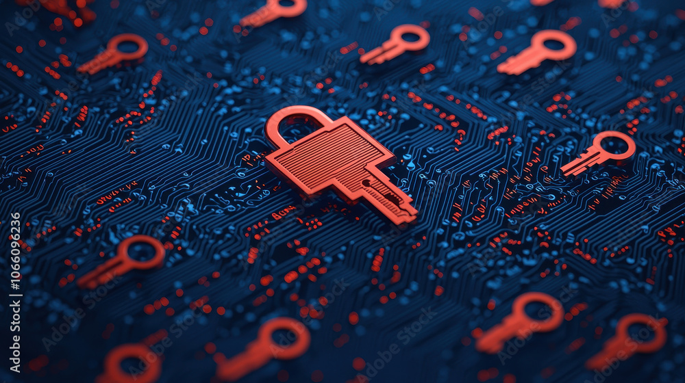 Poster digital security concept with red keys on blue circuit board background, symbolizing confidentiality