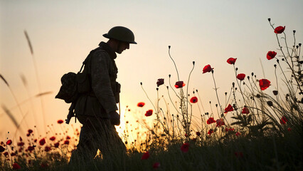 Silhouette of a World War Two soldier in a field of poppies at sunset with copy space