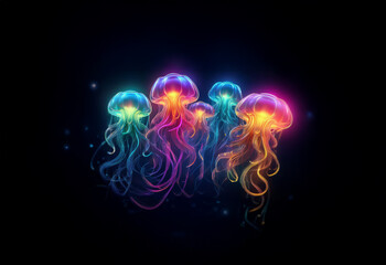 Obraz premium A group of neon jellyfish illuminate a black background with their glowing, colorful bodies.