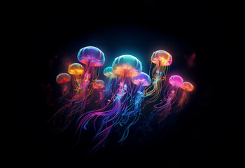 Obraz premium A group of colorful jellyfish swim in a dark, abstract background.