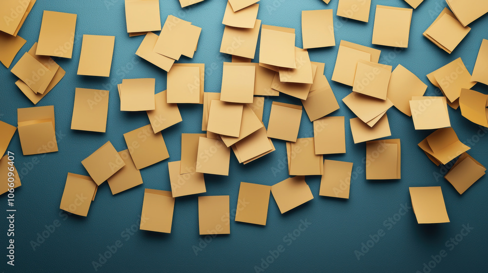 Poster yellow sticky notes scattered on blue background create vibrant and organized workspace. perfect for