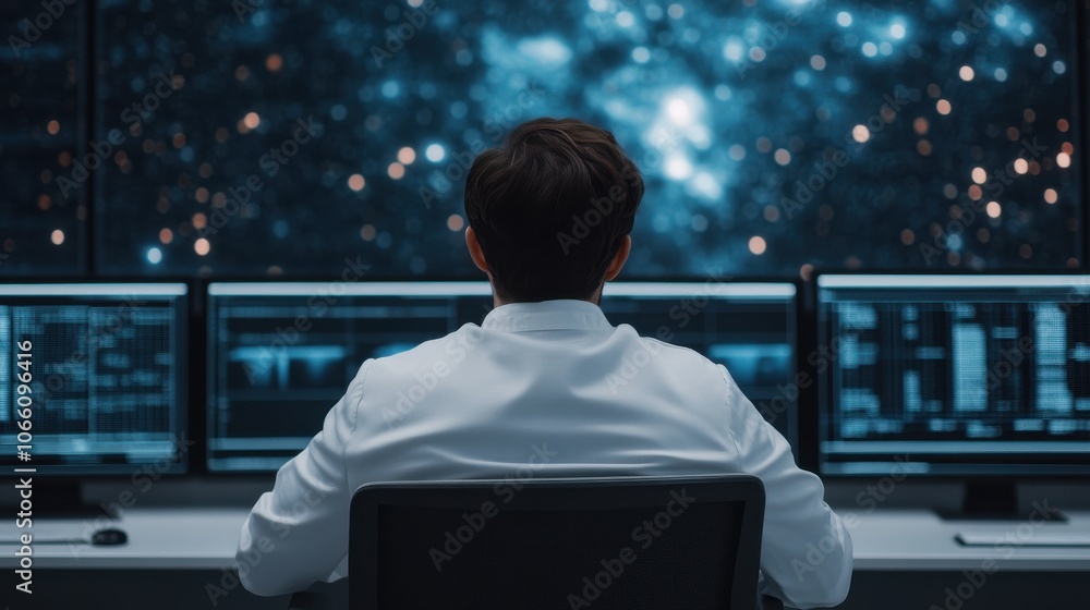 Poster scientist analyzing data in vast digital galaxy