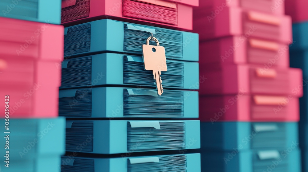 Poster secure storage of legal documents with lock and key, emphasizing privacy and organization. vibrant c
