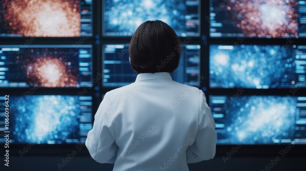 Poster scientist analyzing digital galaxy data visualizations
