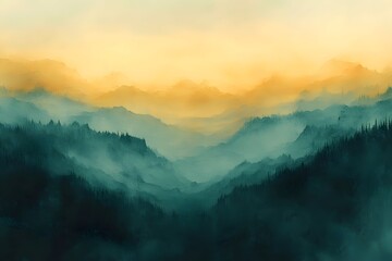 Fototapeta premium A breathtaking view of misty mountains at sunrise, with layers of trees and soft golden hues blending into the tranquil atmosphere of the early morning sky.