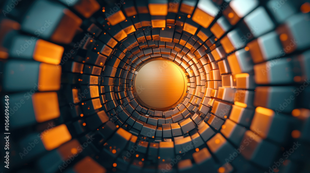 Poster abstract tunnel with glowing orange and gray cubes creating mesmerizing pattern, evoking sense of de