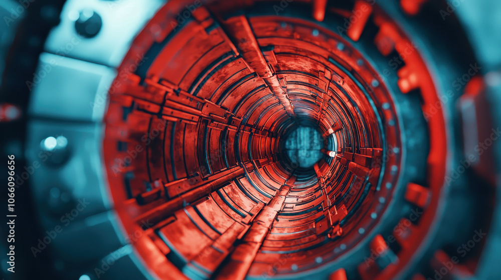 Poster futuristic secure vault with intricate red and metallic details, showcasing abstract symbols represe