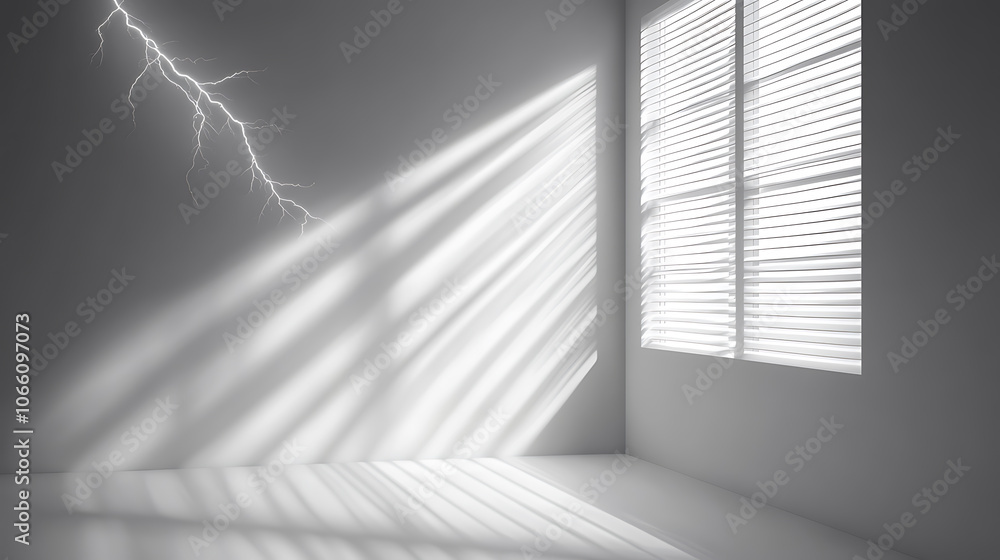 Fototapete authentic wall featuring a gobo shadow, shadows cast by the window frame and blinds on a white studi